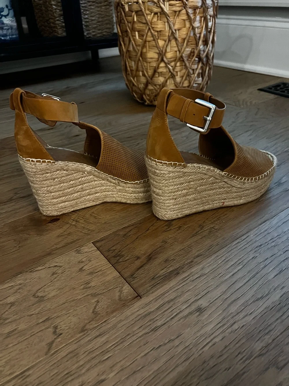 Marc Fisher Cognac Perforated Espadrille Wedge Sandals with Ankle Strap